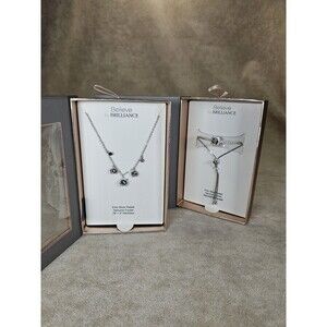 Believe By Brilliance Crystal Necklace And Bolo Bracelet Lot Silver Plated
